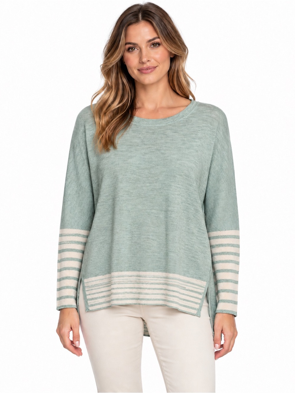 Hem & Thread Size Small Light Green Striped Hem & Sleeve Knit Top
